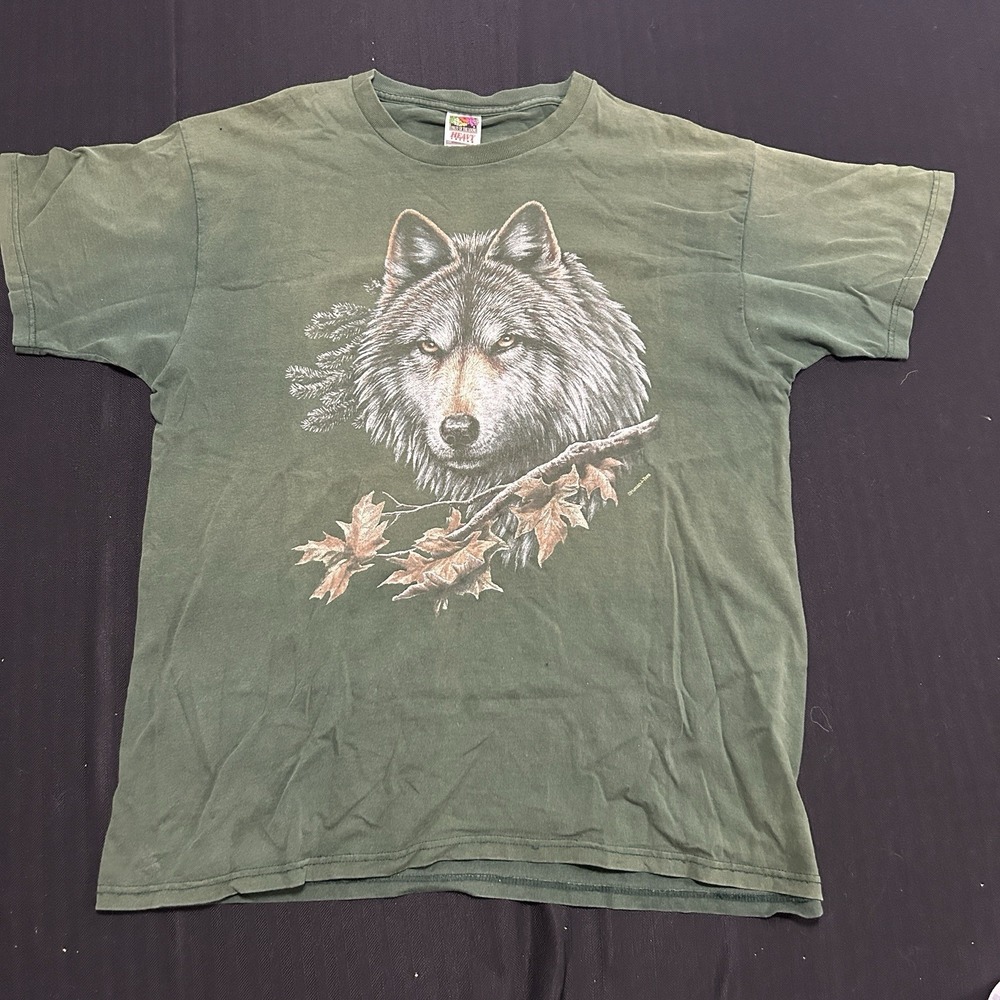 Vintage Fruit Of The Loom Fox Graphic T Shirt Adult XL Nature Green Faded